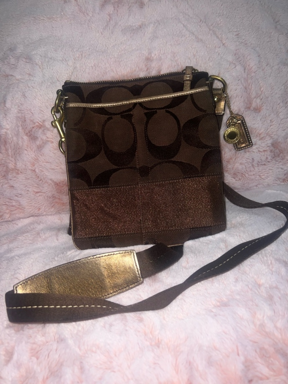 Coach Brown Signature Monogram Crossbody with Gold Accents Vintage y2k